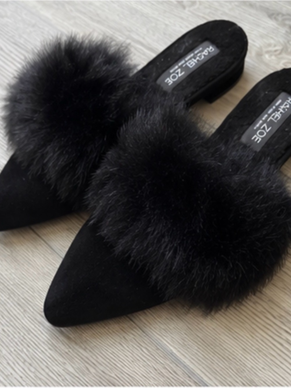 Rachel Zoe Black Faux Fur Pointed Toe Mules | Women’s Size 7.5 | Excellent Cond